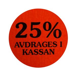 25% avdrages i kassan, Rund etikett 29 mm