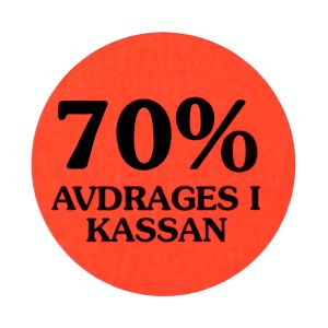 70% avdrages i kassan, Rund etikett 29 mm