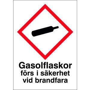 Gasolflaskor förs i säkerhet..(skylt)