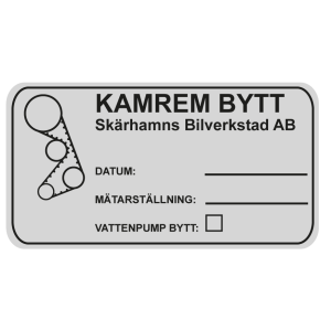 Kamremsbyte sticker med egen text, 100 st
